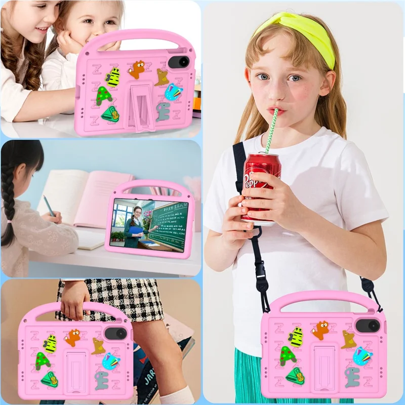 For Xiaomi Redmi Pad 2 11 Kickstand Case Cartoon Design Anti-Drop EVA+PC Tablet Cover with Strap for Kids - Pink