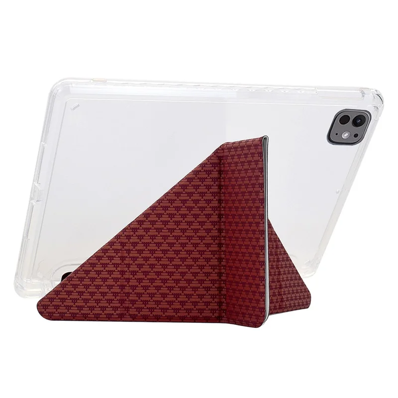 For iPad Pro 11 (2025) / (2024) Case Y-Fold Stand Pyramid-Patterned Leather + Clear Acrylic Tablet Cover with Pencil Holder - Red