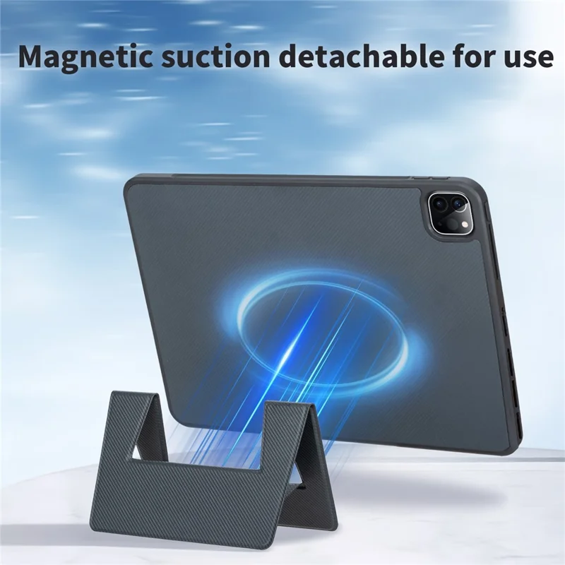 For iPad Pro 11 (2024) Case Carbon Fiber Texture Magnetic Detachable Foldable Kickstand Tablet Cover - Black
