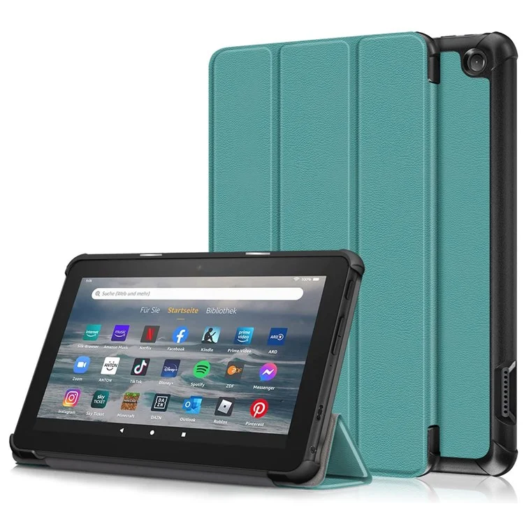 For Amazon Fire 7 (2022) Protective Case PU Leather Tri-fold Stand Shockproof Tablet Cover - Green
