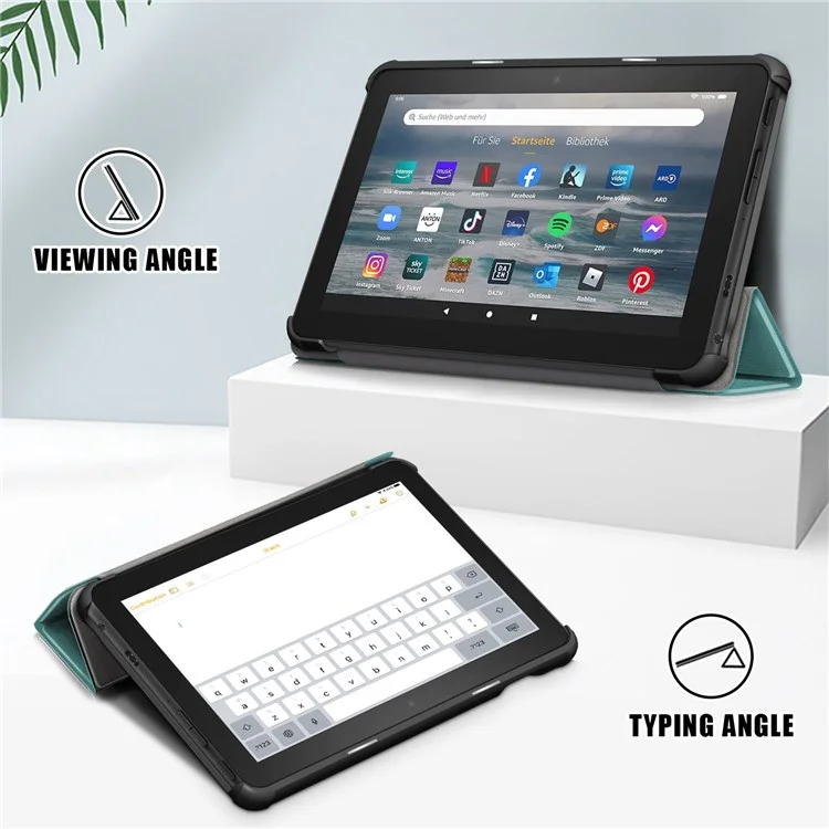 For Amazon Fire 7 (2022) Protective Case PU Leather Tri-fold Stand Shockproof Tablet Cover - Green