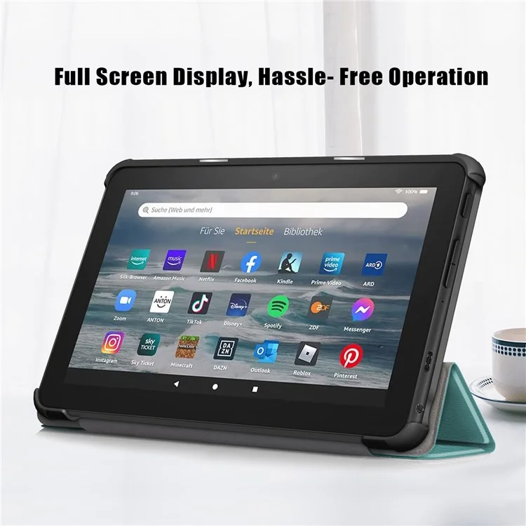 For Amazon Fire 7 (2022) Protective Case PU Leather Tri-fold Stand Shockproof Tablet Cover - Green
