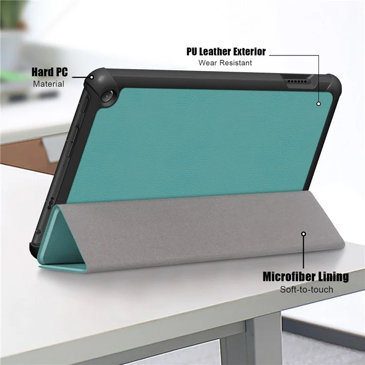 For Amazon Fire 7 (2022) Protective Case PU Leather Tri-fold Stand Shockproof Tablet Cover - Green