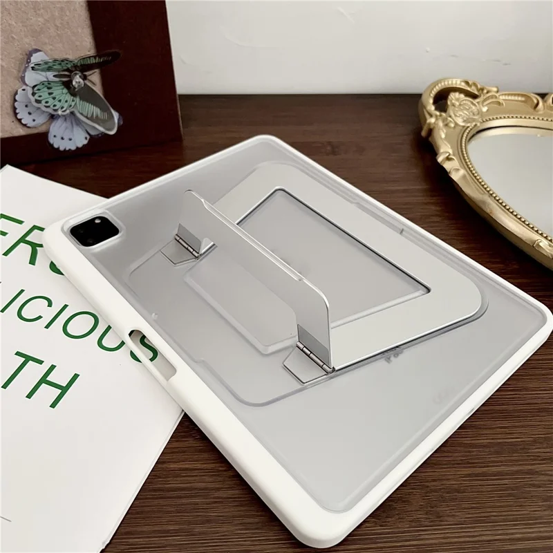 For iPad Air 11 (2025)  /  (2024) Case with Pencil Holder Metal Foldable Kickstand TPU Acrylic Matte Tablet Cover - White