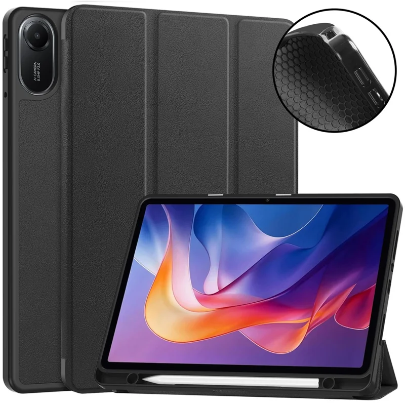 Capa para Xiaomi Redmi Pad 2 com Suporte - Couro à Prova de Choque com Compartimento para Caneta - Preto