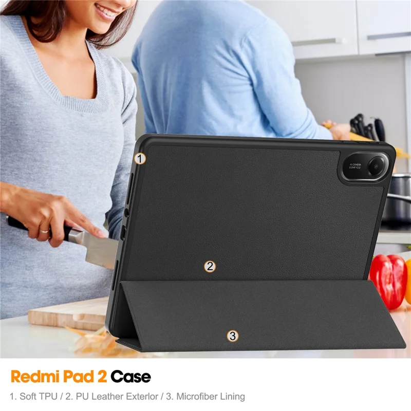 Capa para Xiaomi Redmi Pad 2 com Suporte - Couro à Prova de Choque com Compartimento para Caneta - Preto