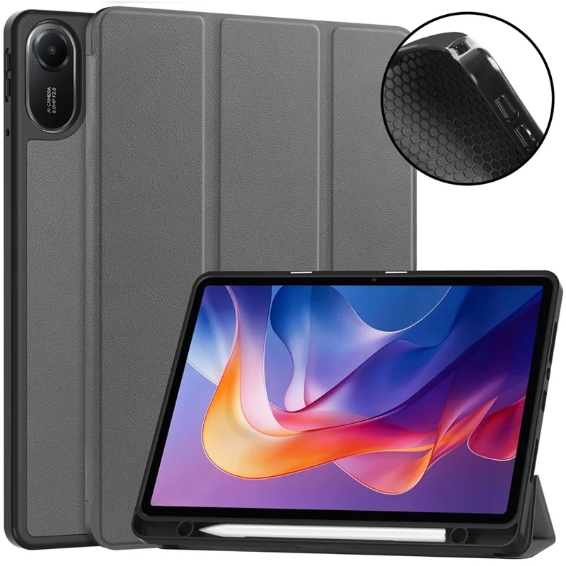 For Xiaomi Redmi Pad 2 Stand Case Shock-Absorbent Leather Tablet Cover with Pen Slot - Grey