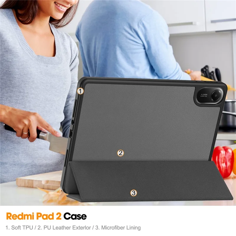 For Xiaomi Redmi Pad 2 Stand Case Shock-Absorbent Leather Tablet Cover with Pen Slot - Grey