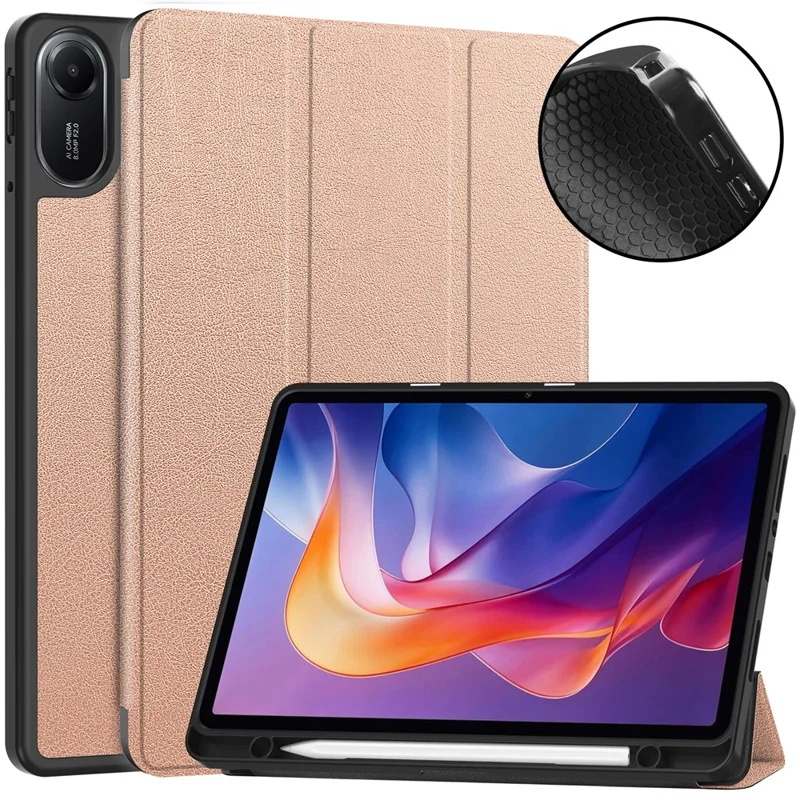 For Xiaomi Redmi Pad 2 11 Stand Case Shock-Absorbent Leather Tablet Cover with Pen Slot - Rose Gold