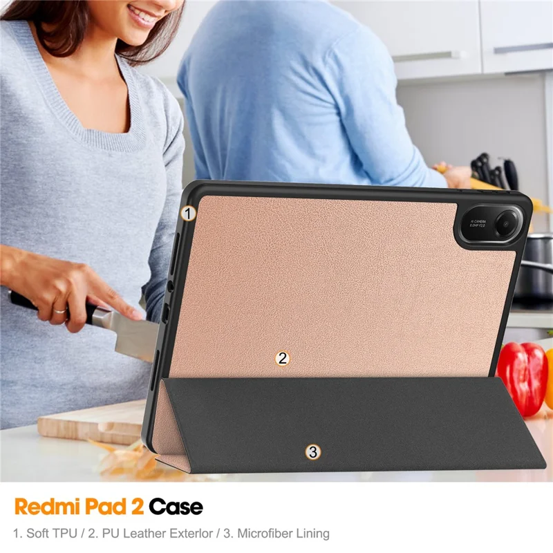 For Xiaomi Redmi Pad 2 11 Stand Case Shock-Absorbent Leather Tablet Cover with Pen Slot - Rose Gold