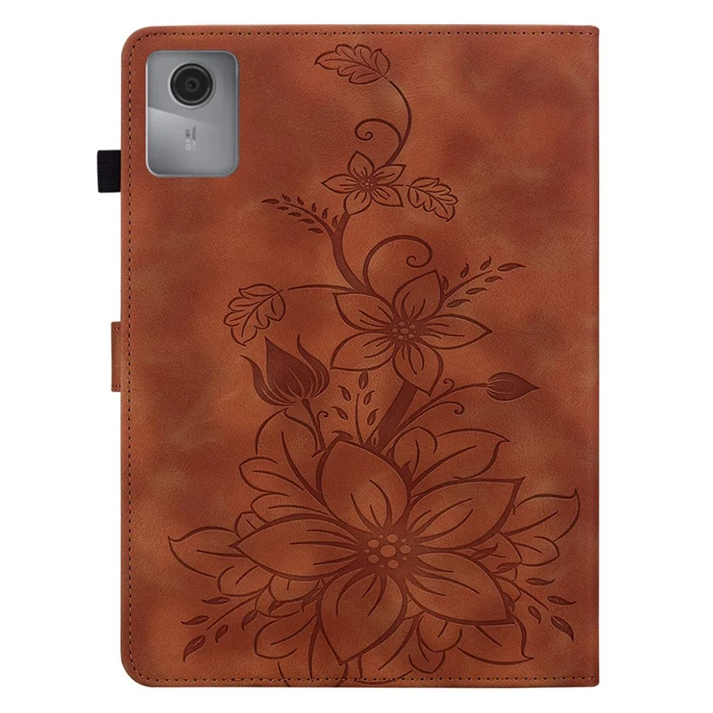 Funda para Lenovo Idea Tab (TB336ZU / TB336FU) / Xiaoxin Pad 11 2025 con Estampado de Flor de Lis, Ranuras para Tarjetas y Cubierta de Cuero para Tablet - Marrón