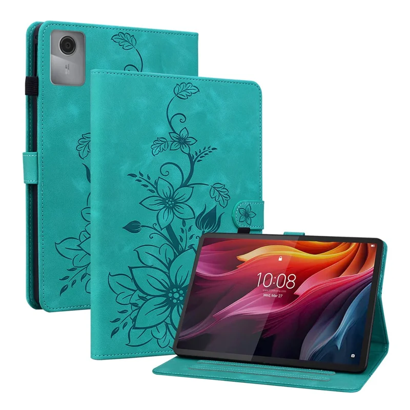 Für Lenovo Idea Tab (TB336ZU / TB336FU) / Xiaoxin Pad 11 2025 Hülle Lilie Blumenprägung Kartenfächer Leder Tablet Schutzhülle - Grün