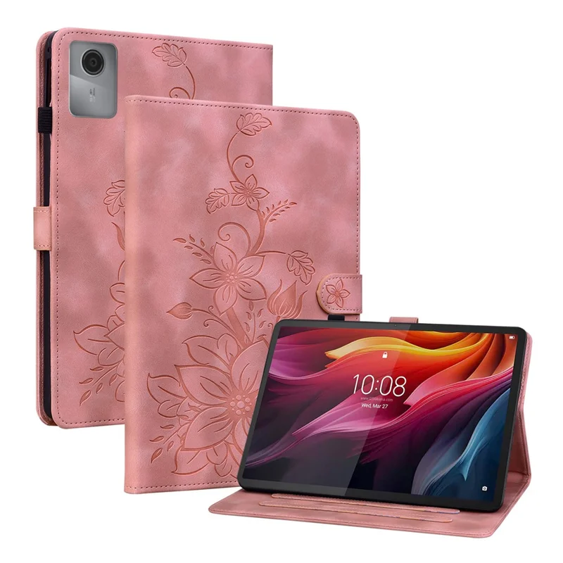 For Lenovo Idea Tab (TB336ZU  /  TB336FU)  /  Xiaoxin Pad 11 2025 Case Lily Flower Imprint Card Slots Leather Tablet Cover - Pink