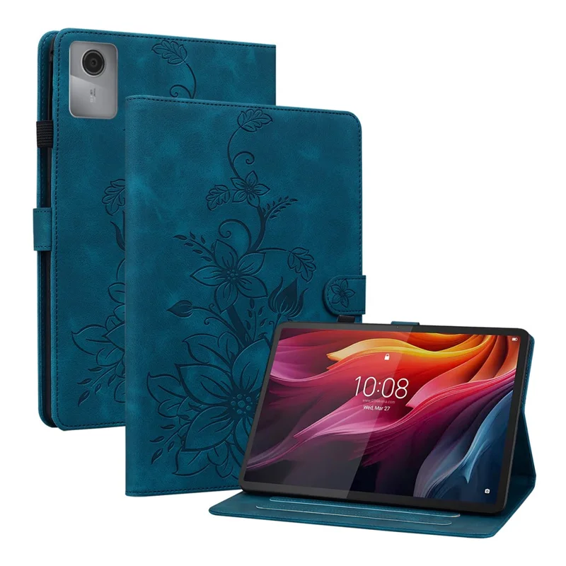 Für Lenovo Idea Tab (TB336ZU / TB336FU) / Xiaoxin Pad 11 2025 Hülle Lilie Blumen-Motiv Kartenfächer Leder Tablet Schutzhülle - Blau