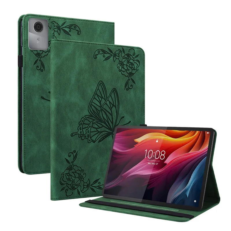 Für Lenovo Idea Tab (TB336ZU / TB336FU) / Xiaoxin Pad 11 2025 Hülle Schmetterlingsblumen-Prägung PU-Leder Tablet-Hülle mit Kartenfächern - Grün
