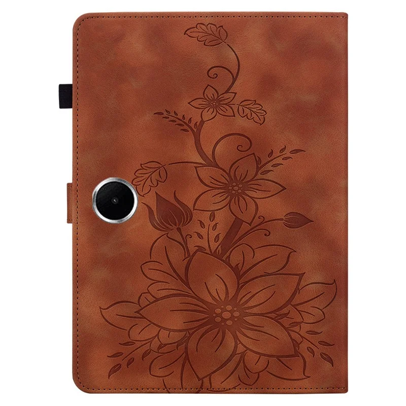 For Oppo Pad SE Case Lily Flower Imprint Card Slots Leather Tablet Cover - Brown