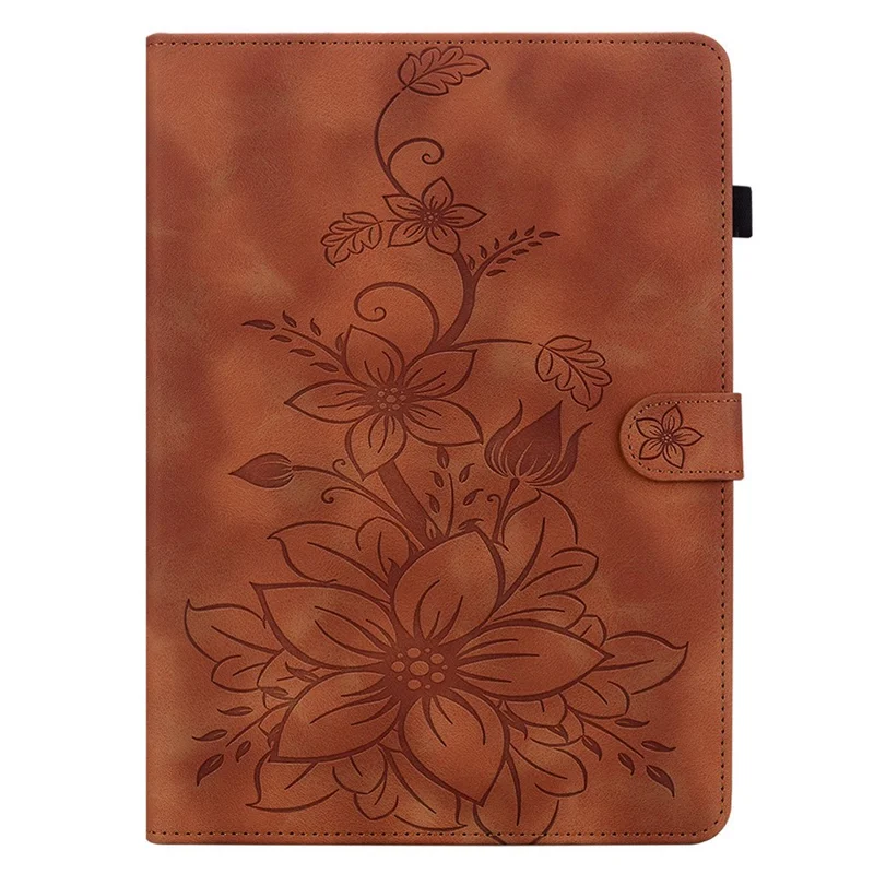 For Oppo Pad SE Case Lily Flower Imprint Card Slots Leather Tablet Cover - Brown