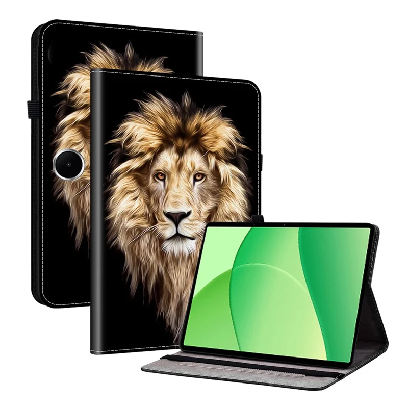 For Oppo Pad SE Leather Case Pattern Printed Stand Tablet Cover with Card Slots - Lion Head