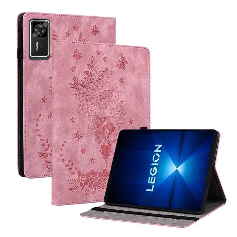 For Lenovo Legion Y700 Gen 4 Case Card Holder Anti-Scratch Leather Cover Rose Flower Imprint - Pink