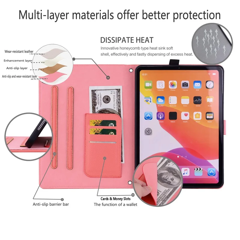 Wallet Case for iPad Air 10.5 inch (2019) / iPad 10.2 (2021) / (2020) / (2019) 3D Effect Cat Pattern Leather Stand Table Cover - Watermelon Red