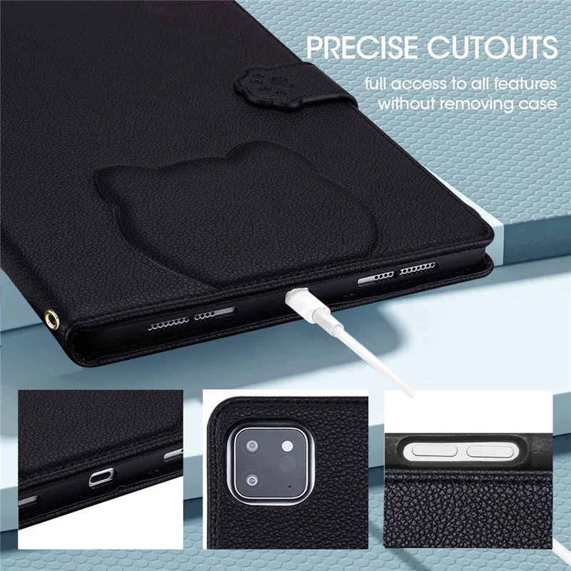 Per iPad (2025) / iPad 10.9 (2022) Custodia Effetto 3D Motivo Gatto Supporto in Pelle Copertina da Tavolo con Portafoglio, Supporto per Stilo - Nero