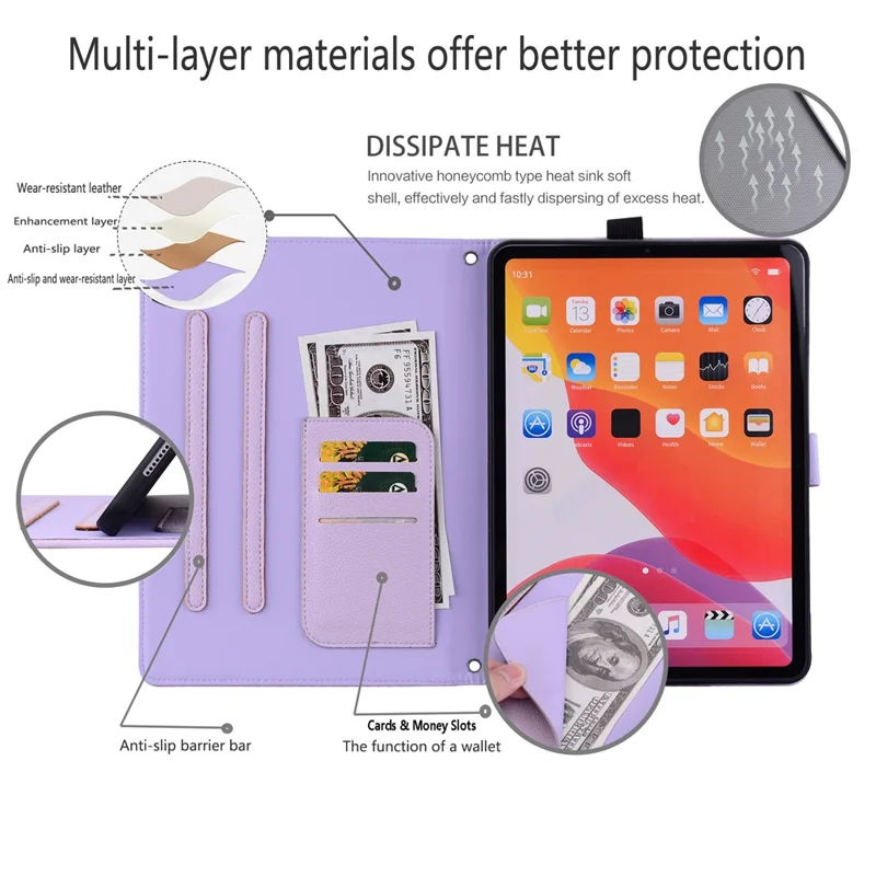 For iPad (2025) / iPad 10.9 (2022) Case 3D Effect Cat Pattern Leather Stand Tablet Cover with Wallet, Stylus Holder - Purple