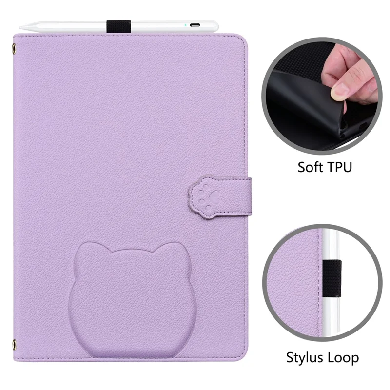 For iPad (2025) / iPad 10.9 (2022) Case 3D Effect Cat Pattern Leather Stand Tablet Cover with Wallet, Stylus Holder - Purple