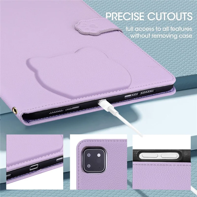 For iPad Pro 11 (2024) Case 3D Effect Cat Pattern Leather Stand Table Cover with Wallet, Stylus Holder - Purple