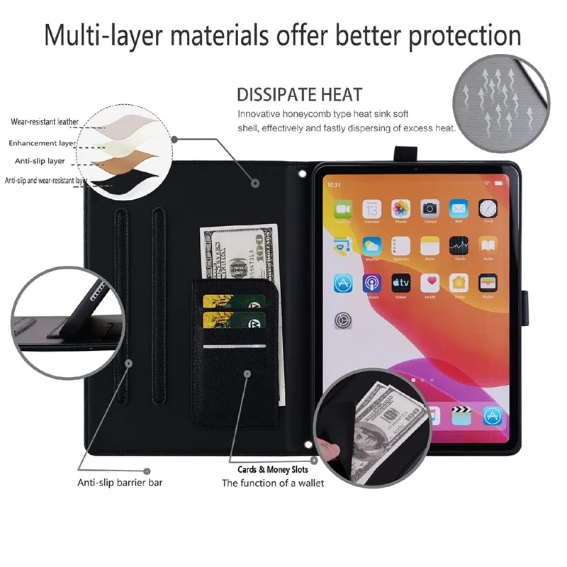 Étui pour For Honor Pad 10 Motif Chat 3D Effet Cuir Support de Table avec Portefeuille, Porte-stylo - Noir