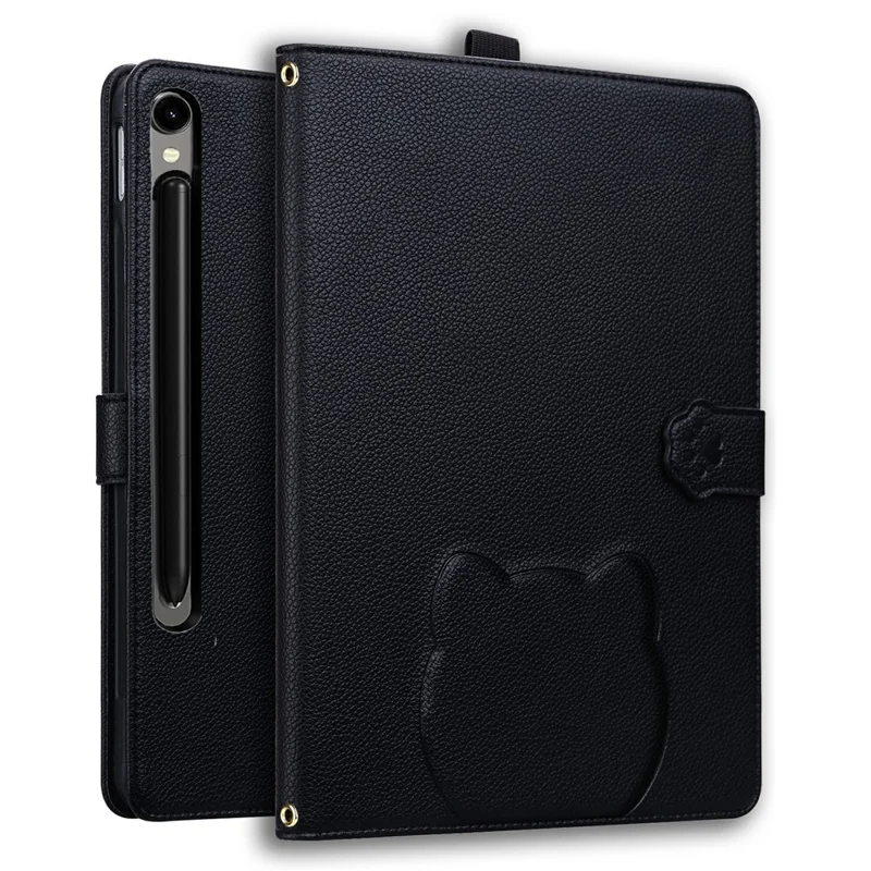 Wallet Case for Samsung Galaxy Tab S10 FE+ Leather Stand Table Cover with Stylus Holder, 3D Effect Cat Pattern - Black