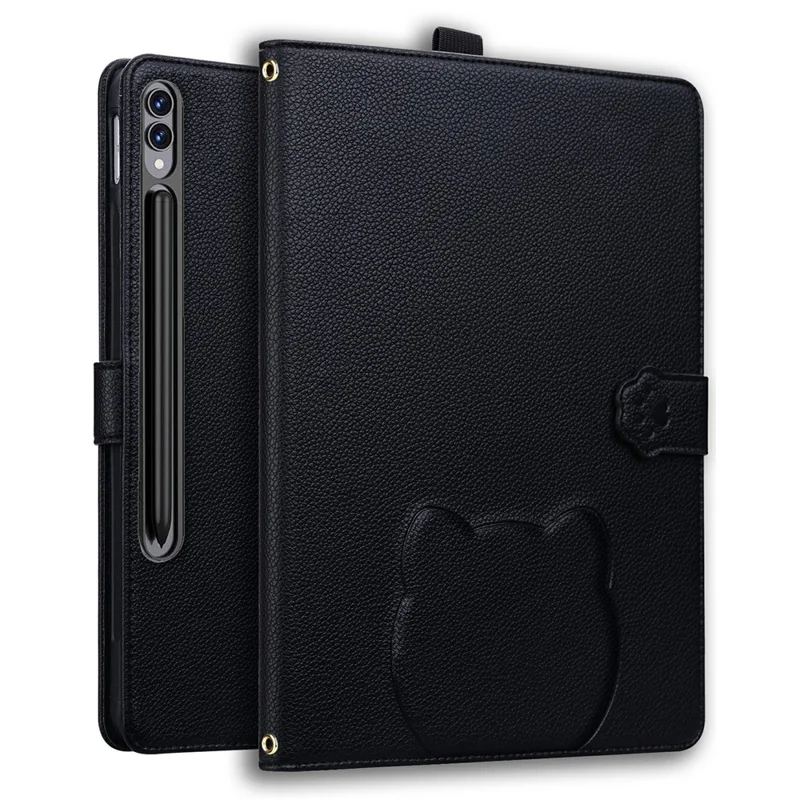 Étui Portefeuille pour Samsung Galaxy Tab S10+ / S9 FE+ / S9+ / S8+ Housse de Protection en Cuir avec Support et Porte-Stylet, Motif Chat en Relief 3D - Noir