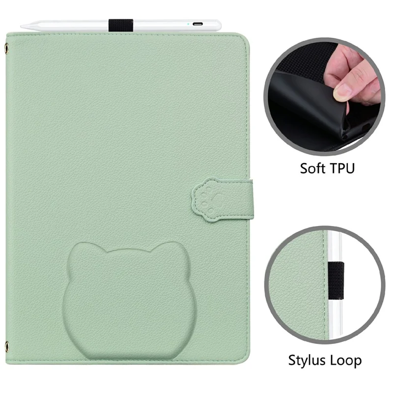 Wallet Case for Amazon Kindle Paperwhite (2024) Leather Stand Tablet Cover with Stylus Holder, 3D Effect Cat Pattern - Green