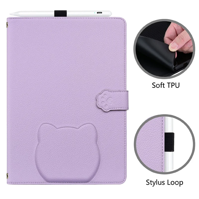 Wallet Case for Amazon Kindle Paperwhite (2024) Leather Stand Tablet Cover with Stylus Holder, 3D Effect Cat Pattern - Purple
