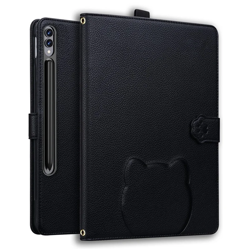 Wallet-Hülle für Samsung Galaxy Tab S10 Ultra / S9 Ultra / S8 Ultra Lederhülle mit Ständer und Stifthalter, 3D-Katzen-Muster - Schwarz