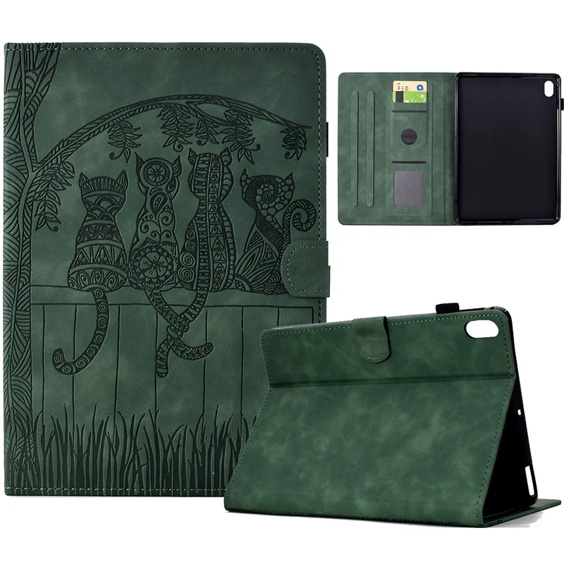 Étui pour Tablette Xiaomi Redmi Pad 2 avec Motif de Chats en Cuir PU avec Emplacements pour Cartes - Vert