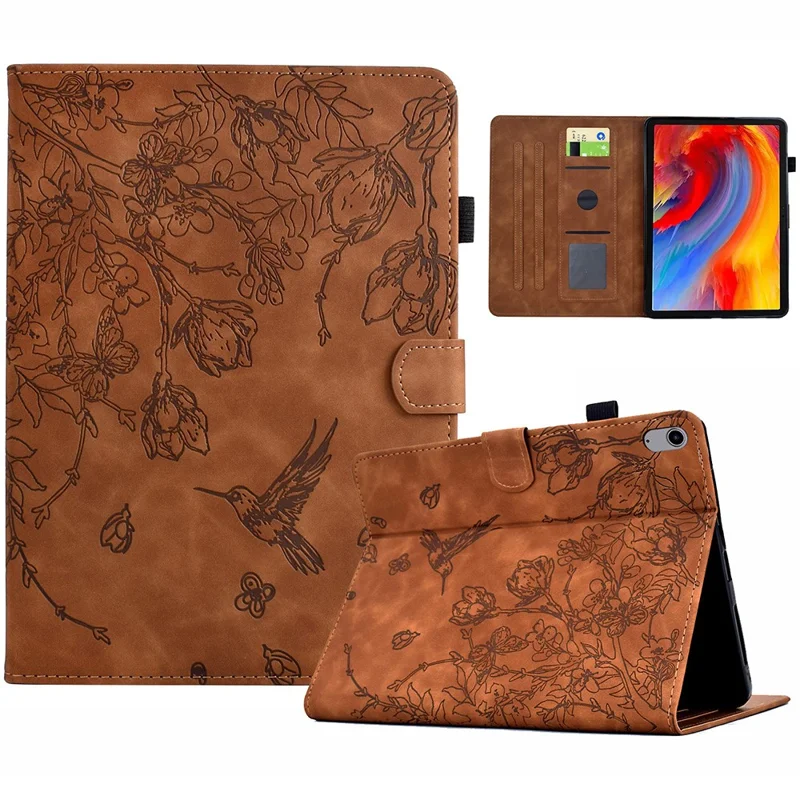 Étui pour Xiaomi Redmi Pad 2 Motif Fleur et Oiseau avec Porte-Carte en Cuir - Marron