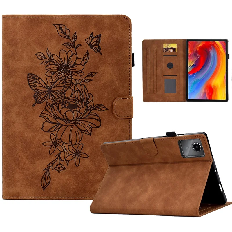 For Lenovo Xiaoxin Pad 11 2025 Case Flower Butterfly Imprinted Card Slots Leather Cover - Brown