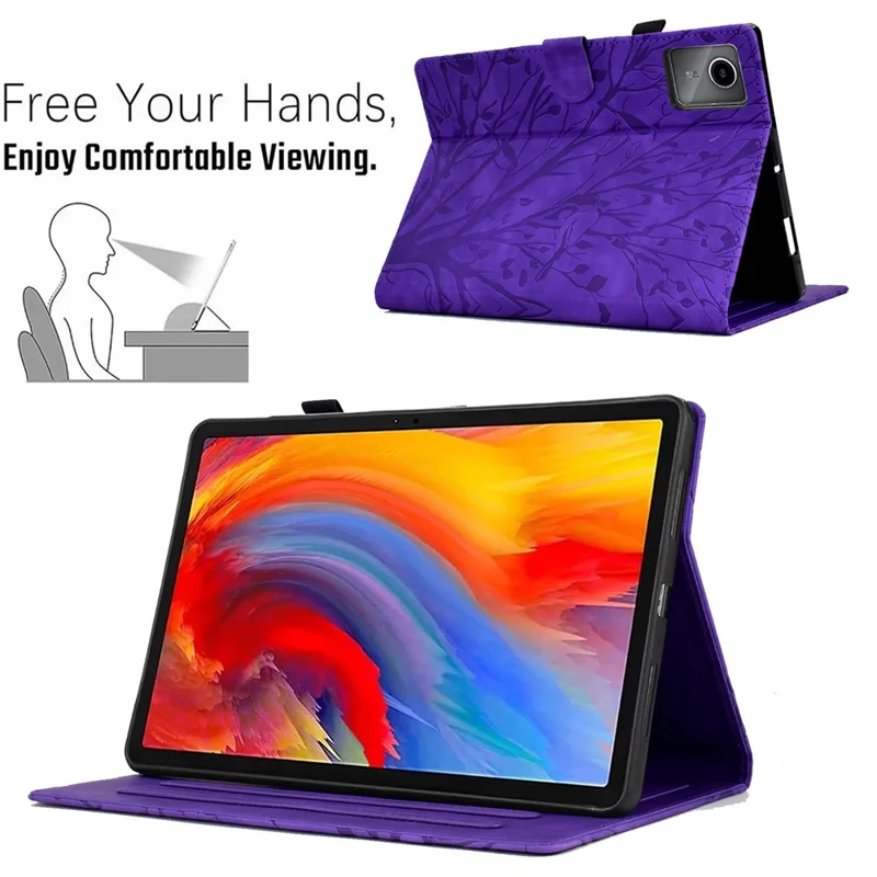 Lederen hoes met boompatroon voor Lenovo Xiaoxin Pad 11 2025 met kaartslots en standaard - Paars