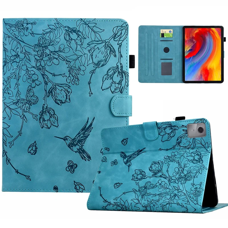Funda para Lenovo Xiaoxin Pad 11 2025 con diseño de flor y pájaro, soporte para tarjetas, cubierta de tableta de cuero - Azul bebé