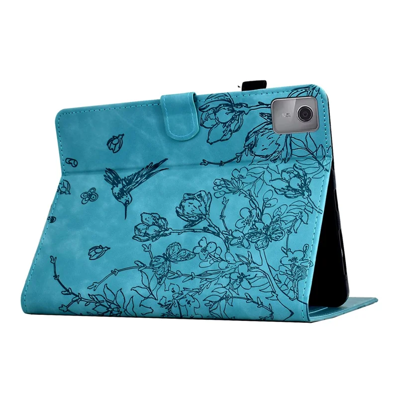 Funda para Lenovo Xiaoxin Pad 11 2025 con diseño de flor y pájaro, soporte para tarjetas, cubierta de tableta de cuero - Azul bebé