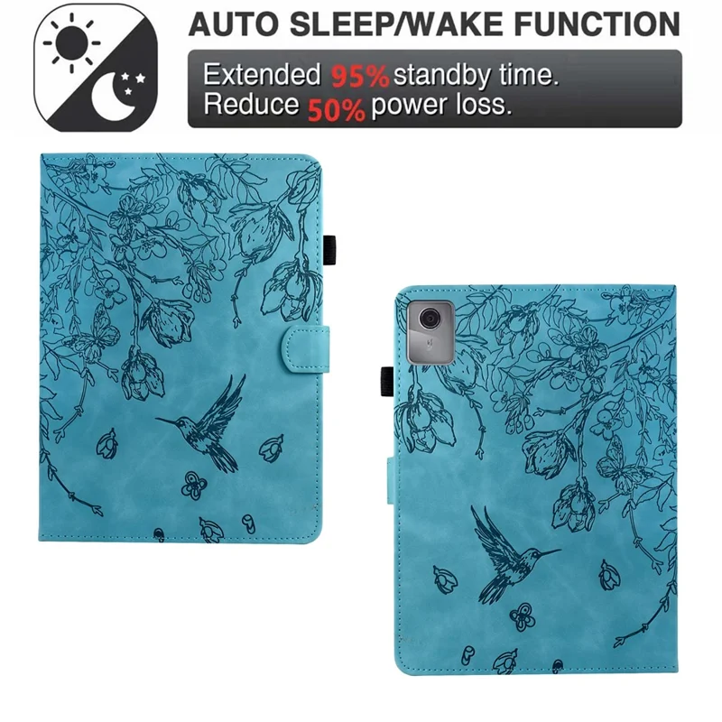 Funda para Lenovo Xiaoxin Pad 11 2025 con diseño de flor y pájaro, soporte para tarjetas, cubierta de tableta de cuero - Azul bebé