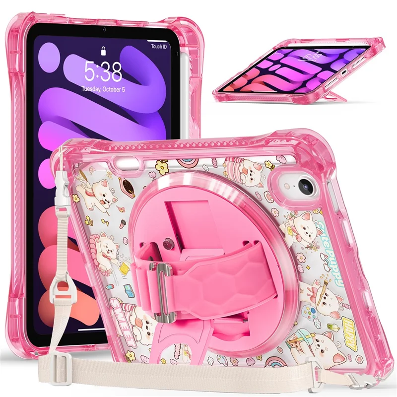 Für iPad mini (2024) / (2021) Hülle Ständer Handschlaufe Prägung PC TPU Acryl Abdeckung mit Schultergurt - Pink