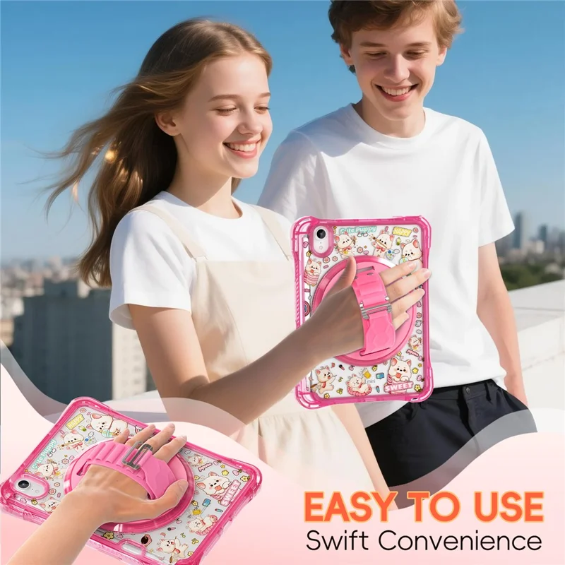 Für iPad mini (2024) / (2021) Hülle Ständer Handschlaufe Prägung PC TPU Acryl Abdeckung mit Schultergurt - Pink