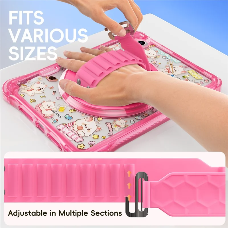 Für iPad mini (2024) / (2021) Hülle Ständer Handschlaufe Prägung PC TPU Acryl Abdeckung mit Schultergurt - Pink