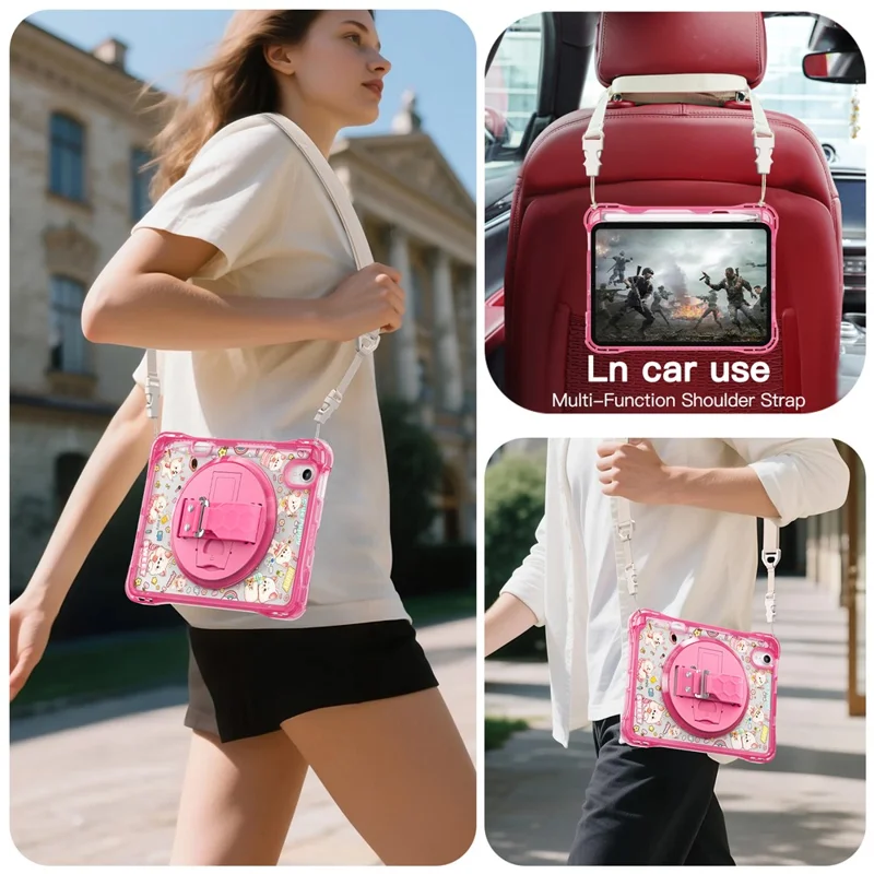Für iPad mini (2024) / (2021) Hülle Ständer Handschlaufe Prägung PC TPU Acryl Abdeckung mit Schultergurt - Pink