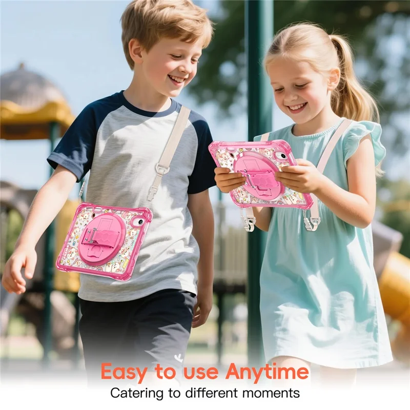 Für iPad mini (2024) / (2021) Hülle Ständer Handschlaufe Prägung PC TPU Acryl Abdeckung mit Schultergurt - Pink
