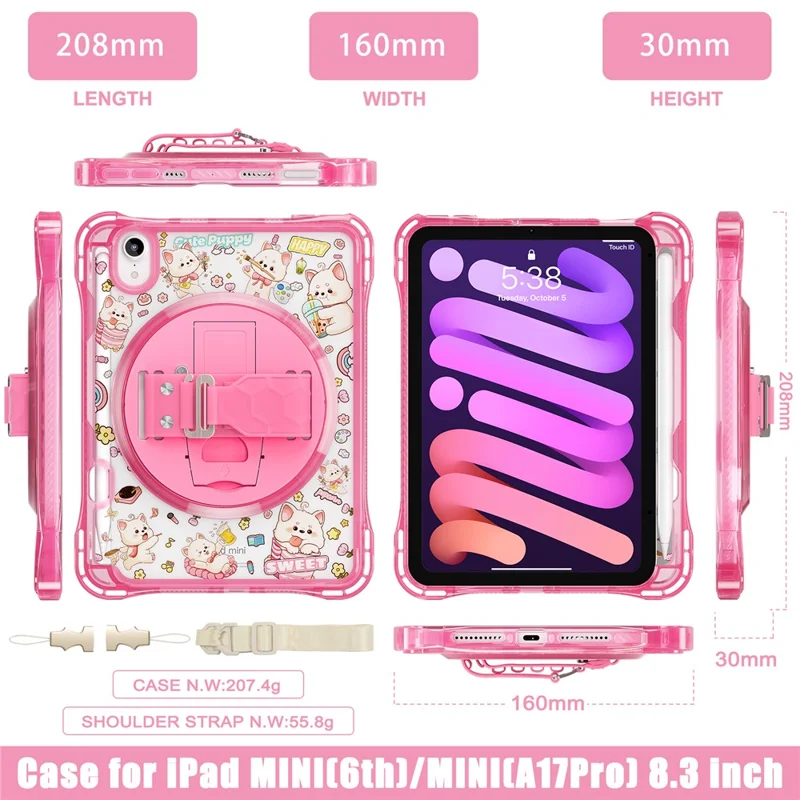 Für iPad mini (2024) / (2021) Hülle Ständer Handschlaufe Prägung PC TPU Acryl Abdeckung mit Schultergurt - Pink