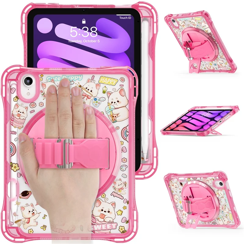 Für iPad mini (2024) / (2021) Hülle Ständer Handschlaufe Prägung PC TPU Acryl Abdeckung mit Schultergurt - Pink