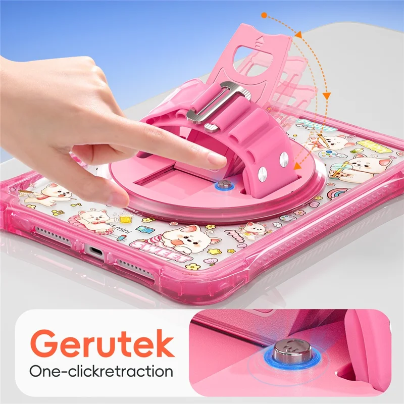 Für iPad mini (2024) / (2021) Hülle Ständer Handschlaufe Prägung PC TPU Acryl Abdeckung mit Schultergurt - Pink