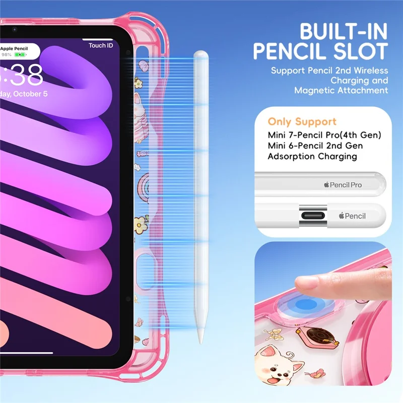 Für iPad mini (2024) / (2021) Hülle Ständer Handschlaufe Prägung PC TPU Acryl Abdeckung mit Schultergurt - Pink